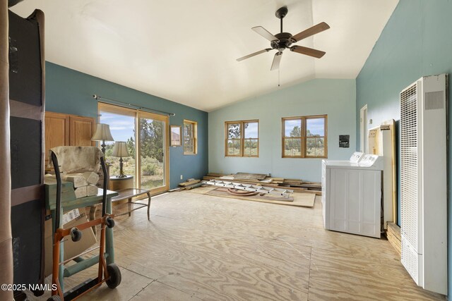 89 N Wyandotte Rd, Williams, AZ 86046 - living area featuring a heating unit, washing machine and dryer, lofted ceiling, and a ceiling fan