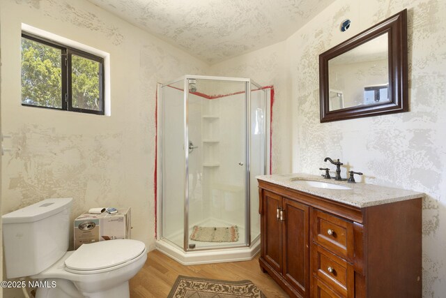 89 N Wyandotte Rd, Williams, AZ 86046 - bathroom with a shower stall, toilet, vanity, wood finished floors, and wallpapered walls