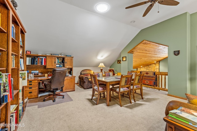 2300 W Kiltie Ln, Flagstaff, AZ 86005 - home office featuring light carpet, vaulted ceiling, and a ceiling fan