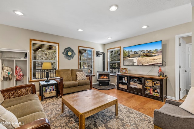 living area featuring a wood stove, a healthy amount of sunlight, wood finished floors, and recessed lighting