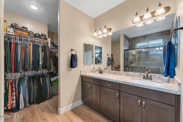 bathroom featuring vanity, walk in shower, and wood-type flooring