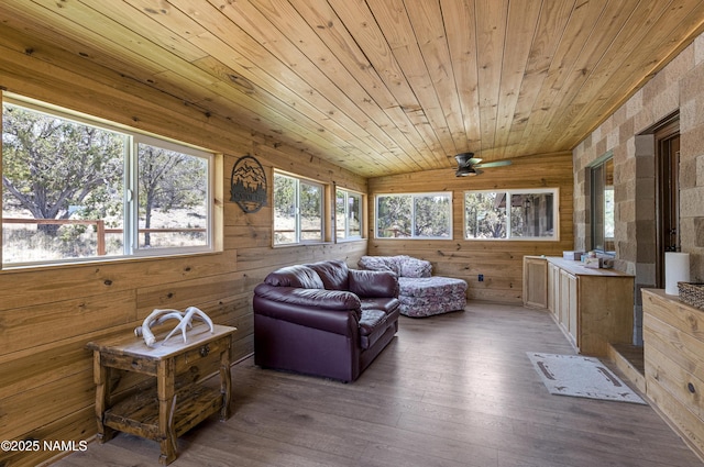 1384 W Canvasback Trl, Williams, AZ 86046 - living room with wooden ceiling, hardwood / wood-style floors, wood walls, and a ceiling fan