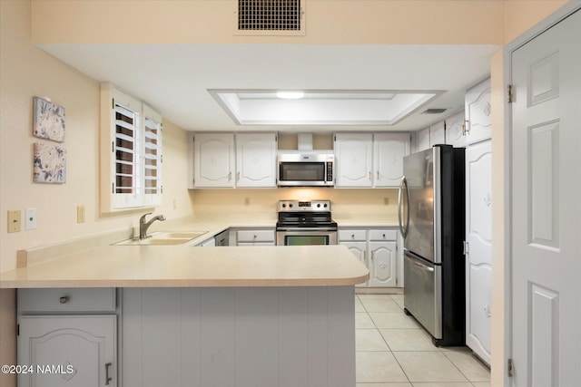 kitchen featuring white cabinets, appliances with stainless steel finishes, sink, kitchen peninsula, and light tile patterned flooring