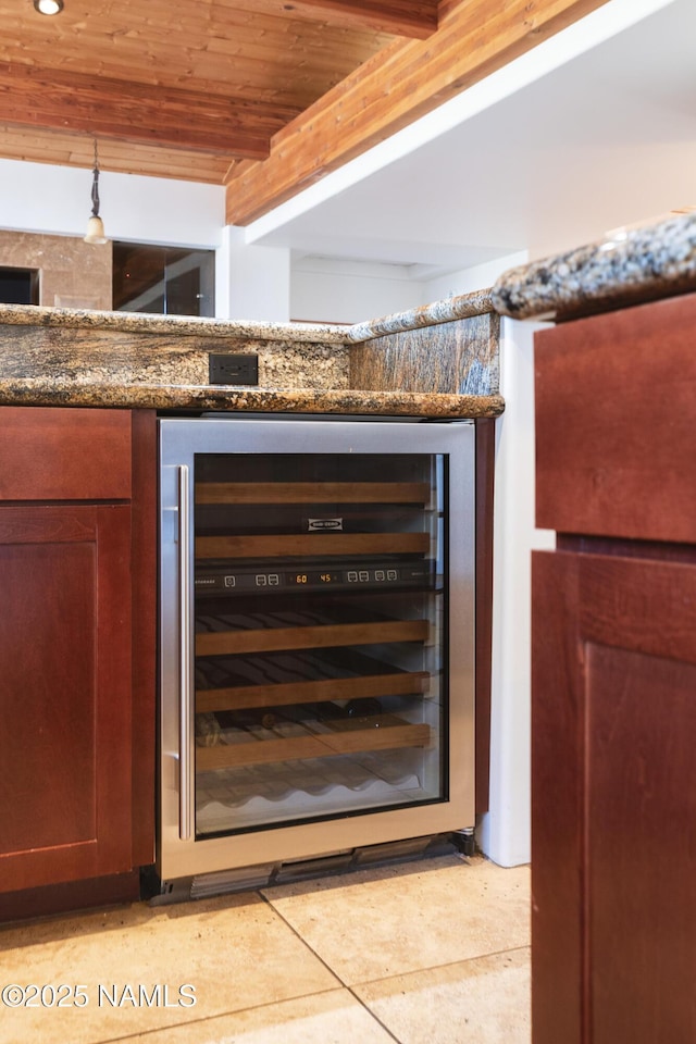 room details featuring beamed ceiling, wooden ceiling, bar area, and wine cooler