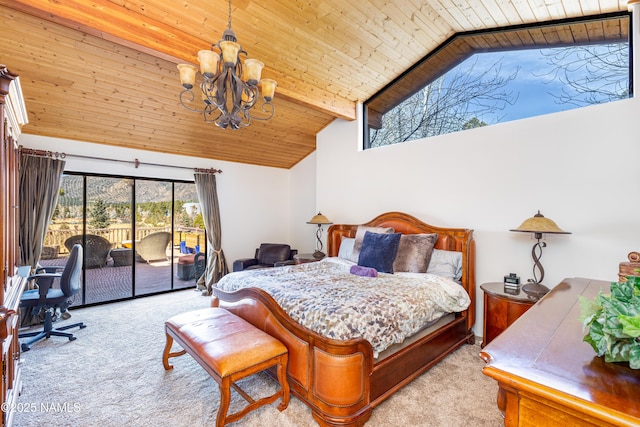 bedroom featuring high vaulted ceiling, light colored carpet, access to exterior, wood ceiling, and beam ceiling