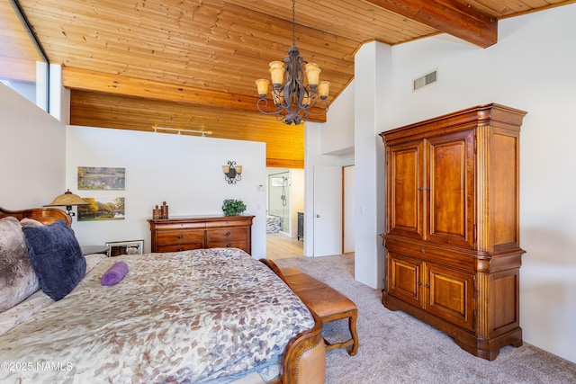 bedroom featuring an inviting chandelier, high vaulted ceiling, wood ceiling, and light colored carpet