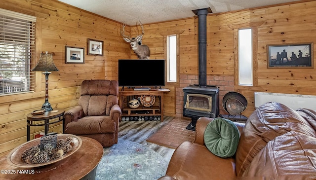 living area with a wood stove, wood walls, and a textured ceiling