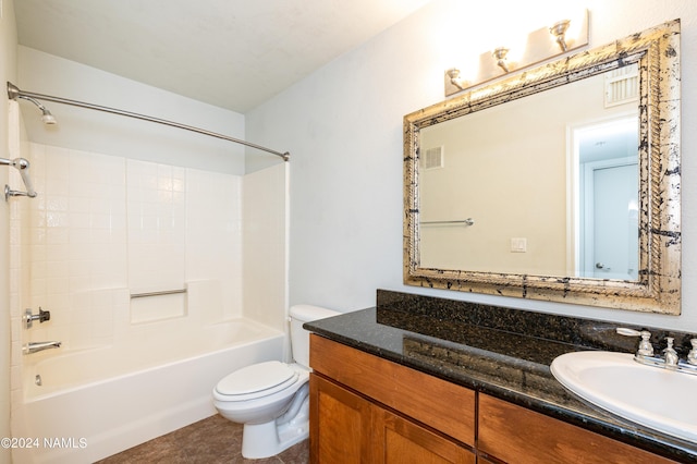 full bathroom with  shower combination, toilet, tile patterned floors, and vanity