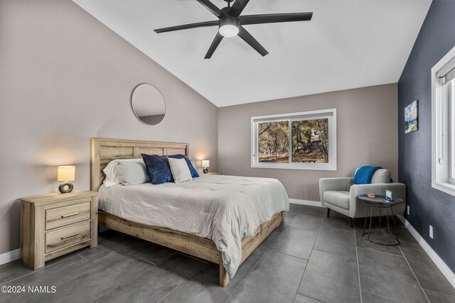 bedroom with ceiling fan and lofted ceiling