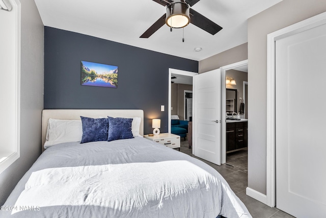 bedroom featuring ensuite bathroom and ceiling fan