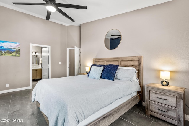 bedroom with ceiling fan and ensuite bathroom