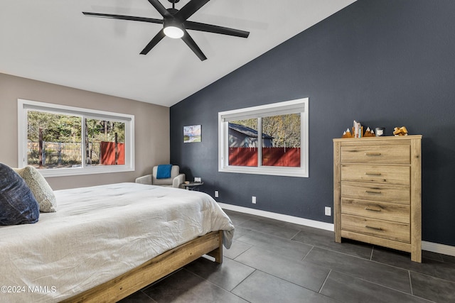 bedroom with ceiling fan and vaulted ceiling