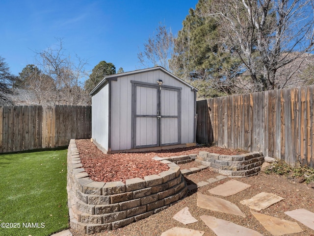 view of shed with a fenced backyard