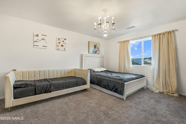 bedroom with carpet floors and a notable chandelier