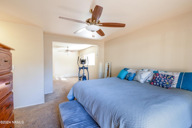 bedroom featuring carpet, baseboards, and ceiling fan