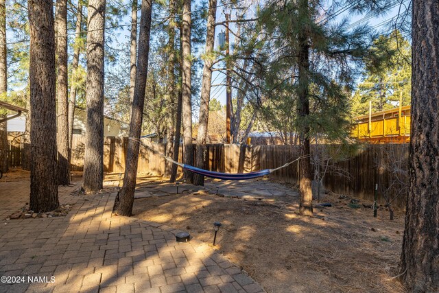 view of yard with fence and a patio