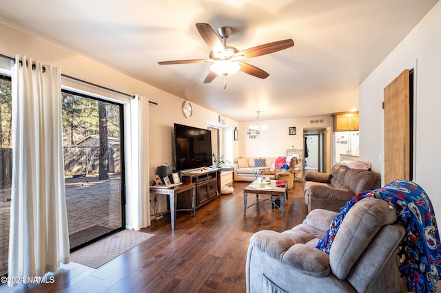 living room with visible vents, dark wood-type flooring, and ceiling fan with notable chandelier