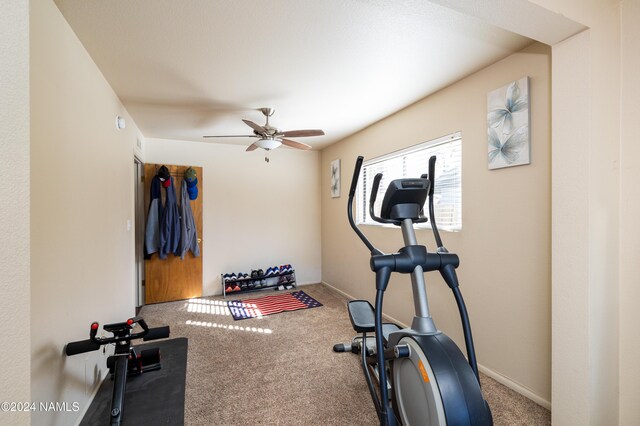 exercise area featuring carpet floors, baseboards, and a ceiling fan