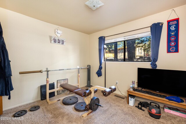 workout room featuring carpet floors and baseboards