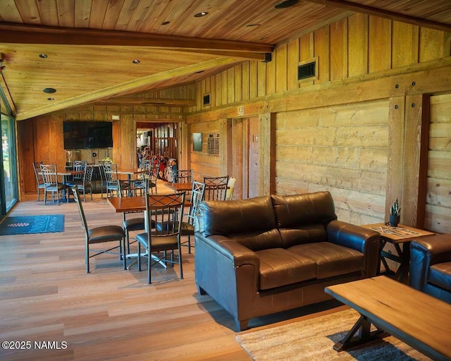 39 E Oak Dr, Munds Park, AZ 86017 - living area featuring wood walls, visible vents, wooden ceiling, light wood-style floors, and lofted ceiling with beams