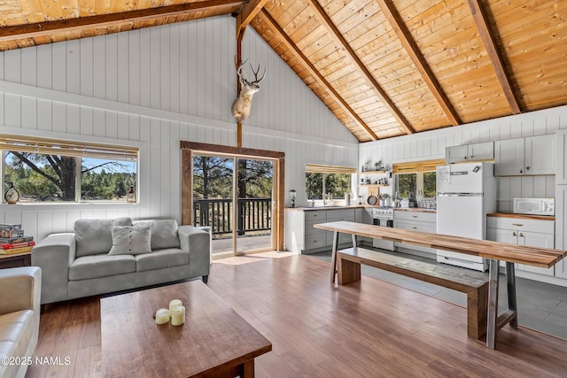 5552 White Tail Ln, Flagstaff, AZ 86005 - interior space featuring wood ceiling, high vaulted ceiling, and beamed ceiling