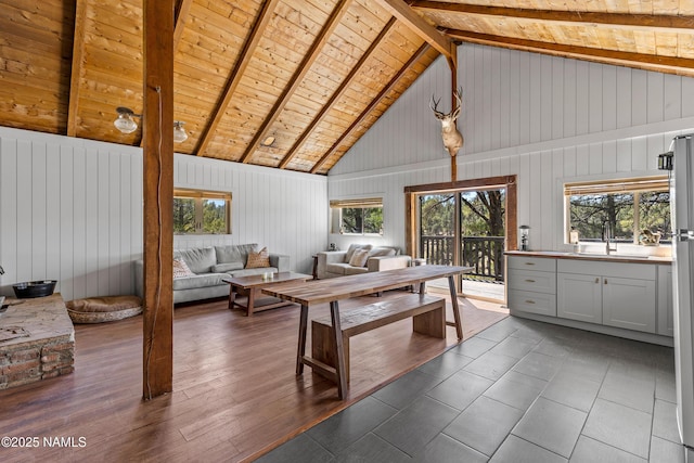 5552 White Tail Ln, Flagstaff, AZ 86005 - living room with wooden walls, high vaulted ceiling, wooden ceiling, and beam ceiling