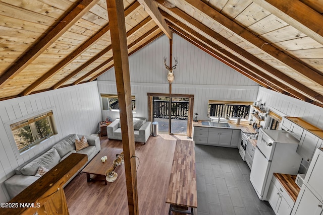 5552 White Tail Ln, Flagstaff, AZ 86005 - interior space featuring vaulted ceiling with beams, a sink, wood walls, and wooden ceiling