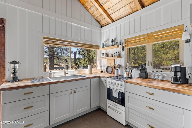 5552 White Tail Ln, Flagstaff, AZ 86005 - kitchen featuring open shelves, wooden counters, white gas range, wooden ceiling, and a sink