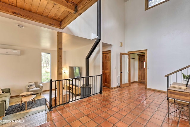 interior space with beam ceiling, wooden ceiling, and a wall mounted AC