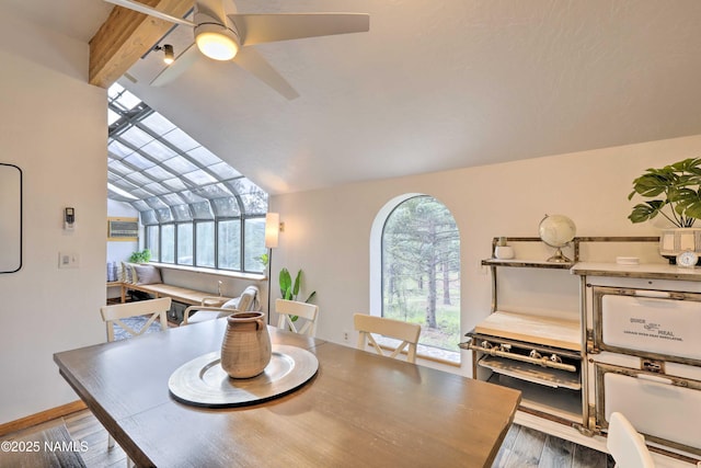 dining space featuring ceiling fan, lofted ceiling, and light hardwood / wood-style flooring