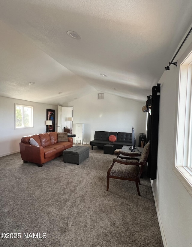 carpeted living room with lofted ceiling, baseboards, and a textured ceiling