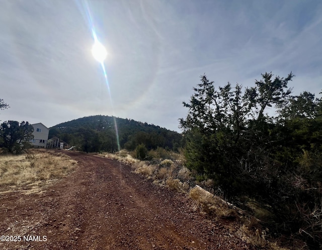 view of road with dirt driveway and a mountain view