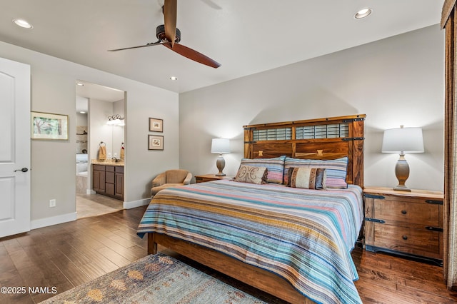 3480 W Lead Rope, Flagstaff, AZ 86005 - bedroom with wood finished floors, baseboards, recessed lighting, connected bathroom, and a ceiling fan