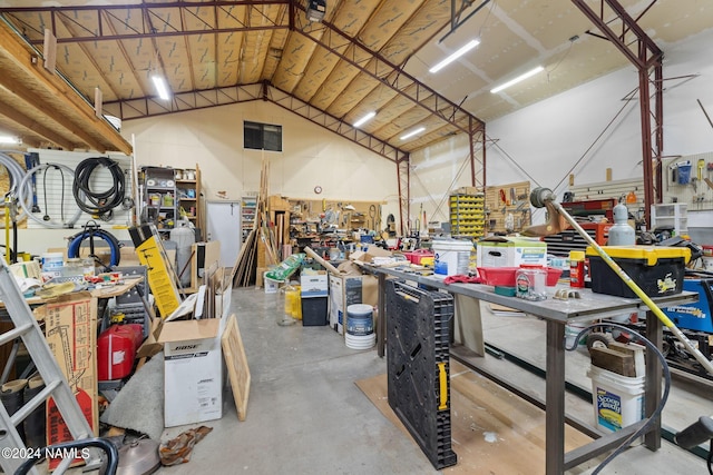 garage with a workshop area