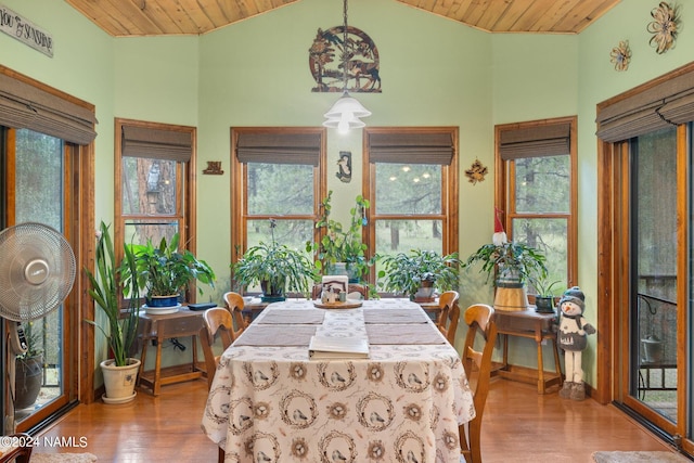 dining area featuring wooden ceiling, wood finished floors, and a healthy amount of sunlight