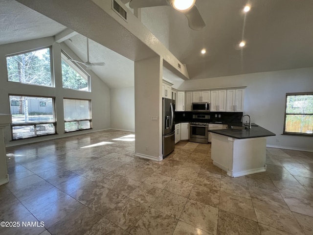 kitchen featuring a wealth of natural light, a ceiling fan, a peninsula, and appliances with stainless steel finishes