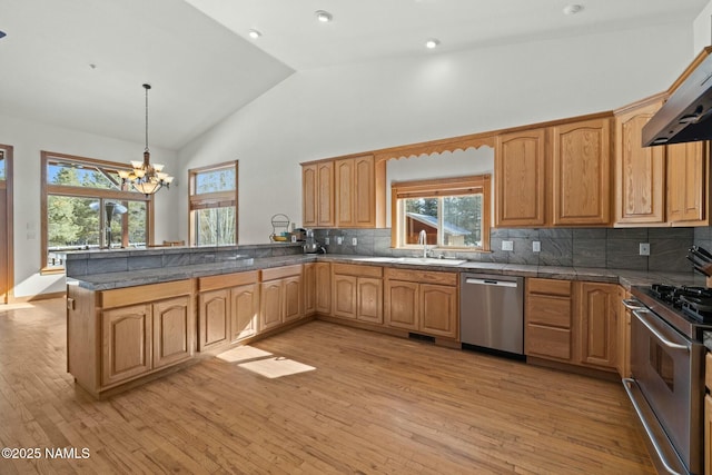 kitchen featuring light wood-type flooring, a sink, range hood, appliances with stainless steel finishes, and a peninsula