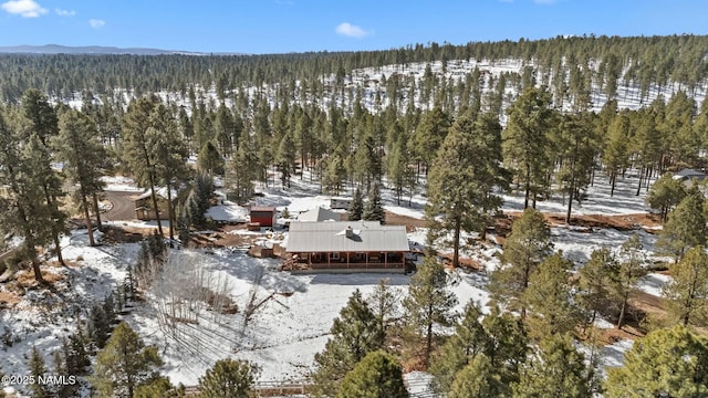 snowy aerial view featuring a mountain view and a wooded view