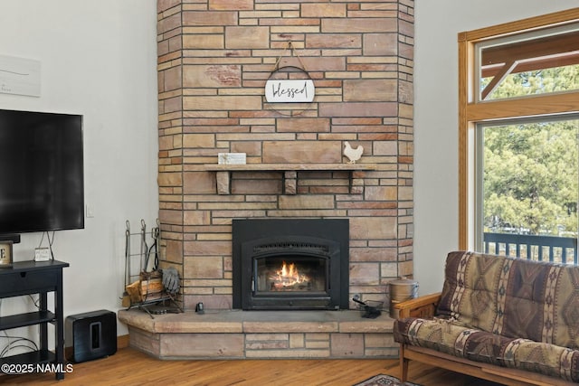 living area with a fireplace and wood finished floors