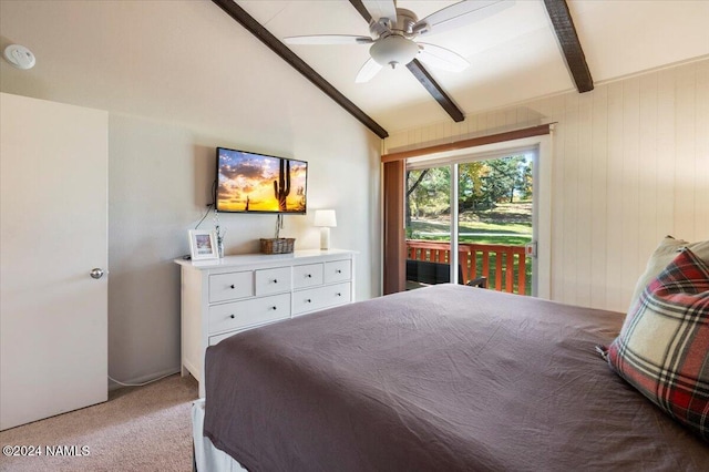 bedroom featuring ceiling fan, light colored carpet, access to exterior, and lofted ceiling with beams