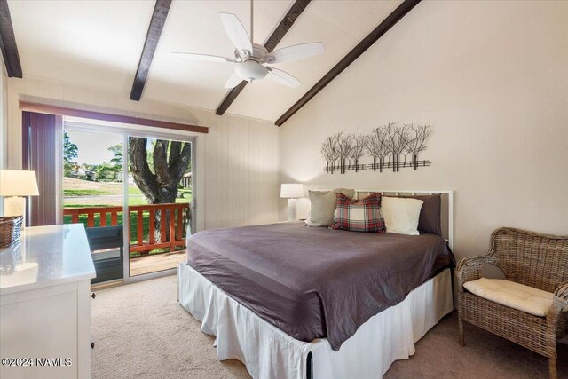 carpeted bedroom featuring ceiling fan, access to exterior, and lofted ceiling with beams