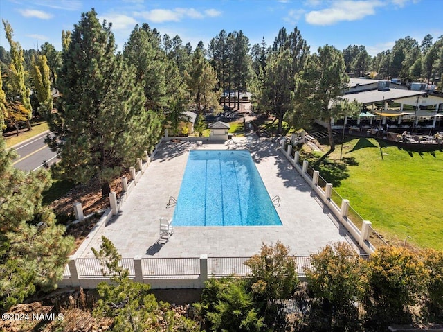 view of swimming pool with a yard and a patio area