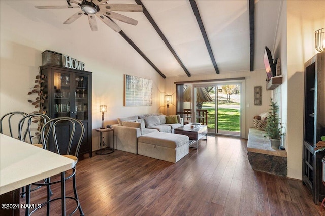 living room featuring ceiling fan, high vaulted ceiling, dark wood-type flooring, and beam ceiling