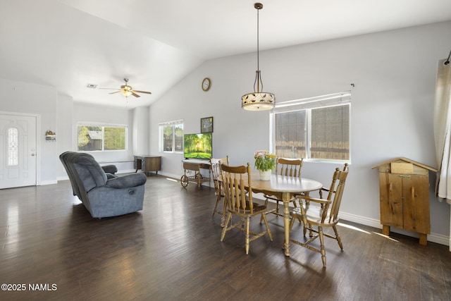 905 Hereford Dr, Williams, AZ 86046 - dining room with wood finished floors, ceiling fan, baseboards, and high vaulted ceiling