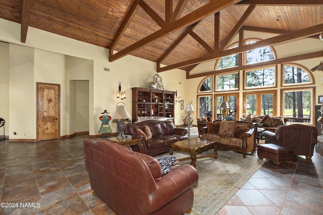 living room with high vaulted ceiling, plenty of natural light, and beam ceiling