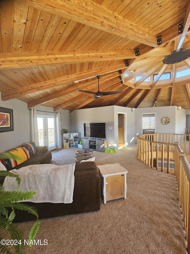 living room with vaulted ceiling with beams, wood ceiling, and carpet flooring