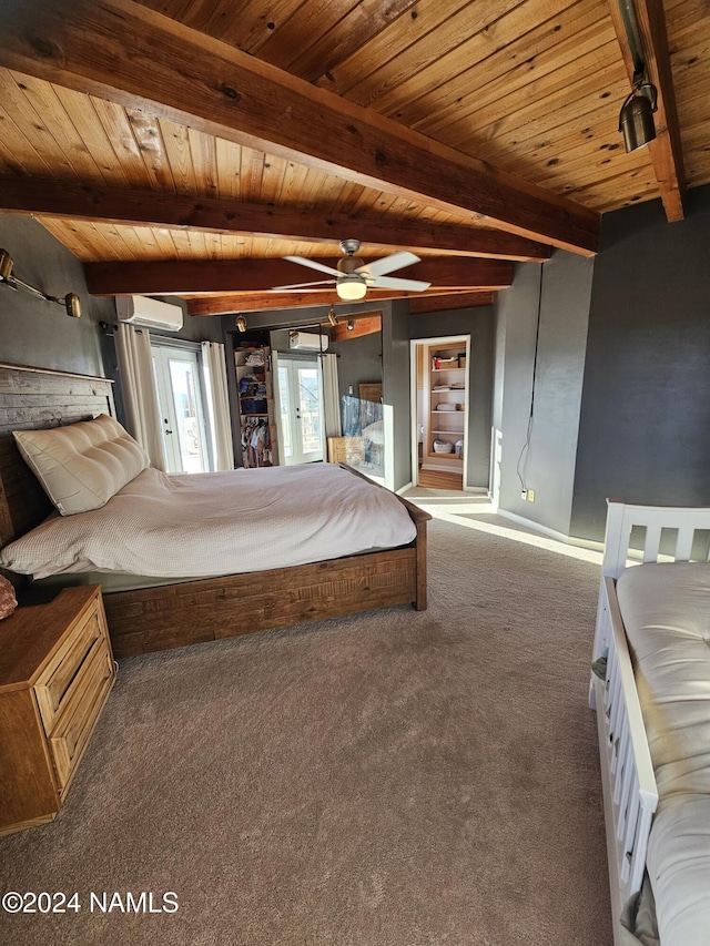 unfurnished bedroom featuring beamed ceiling, carpet flooring, and wooden ceiling