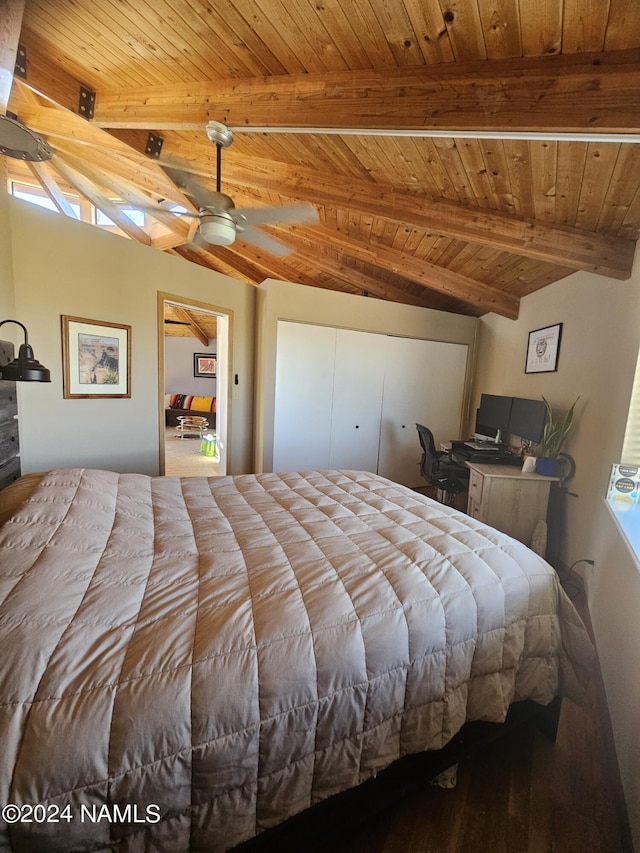 bedroom featuring wooden ceiling and vaulted ceiling with beams