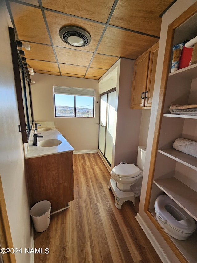 bathroom with wood-type flooring, toilet, and vanity