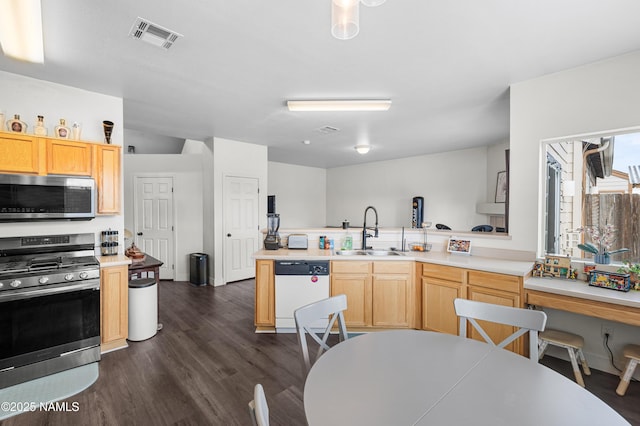 9092 W Slate Mountain Trl, Bellemont, AZ 86015 - kitchen with appliances with stainless steel finishes, a sink, a peninsula, dark wood-type flooring, and light countertops